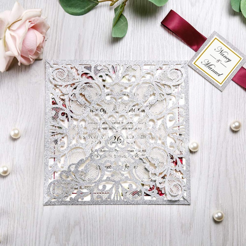 DreamBuilt 6.3 X 6.3 Inch 50PCS Blank Silver Glitter Laser Cut Wedding Invitations With Envelopes Hollow Rose Pocket With Burgundy Ribbon Belly Band Wedding Invitation Cards For Wedding Invite - Image 4
